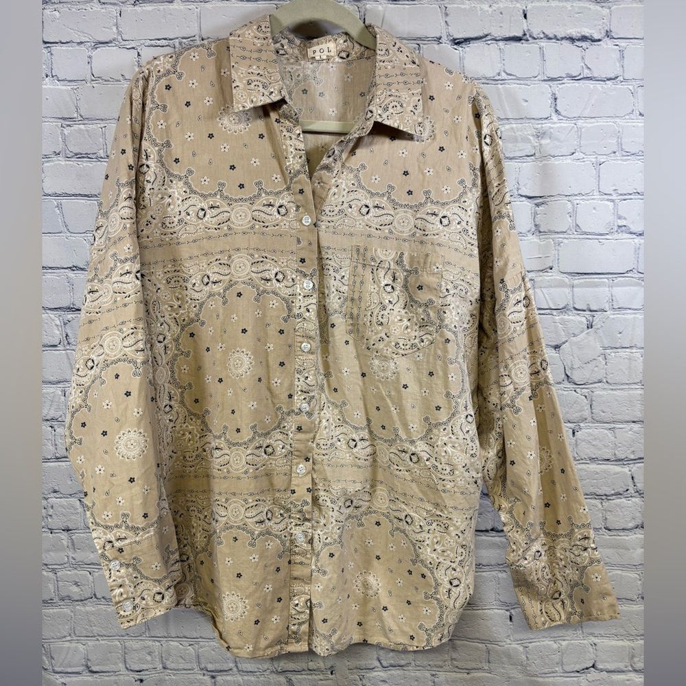 POL Beige Blue Paisley Cotton Cowgirl Western Bandana Pattern Button Up Shirt L